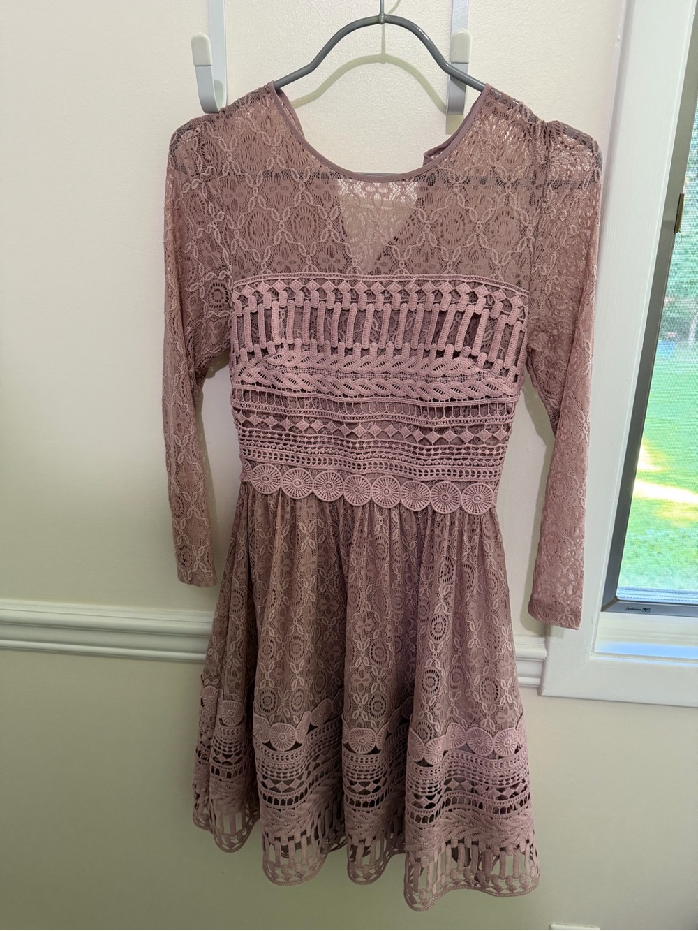 ASOS Dusty Rose Lace Long Sleeve Fit & Flare Dress